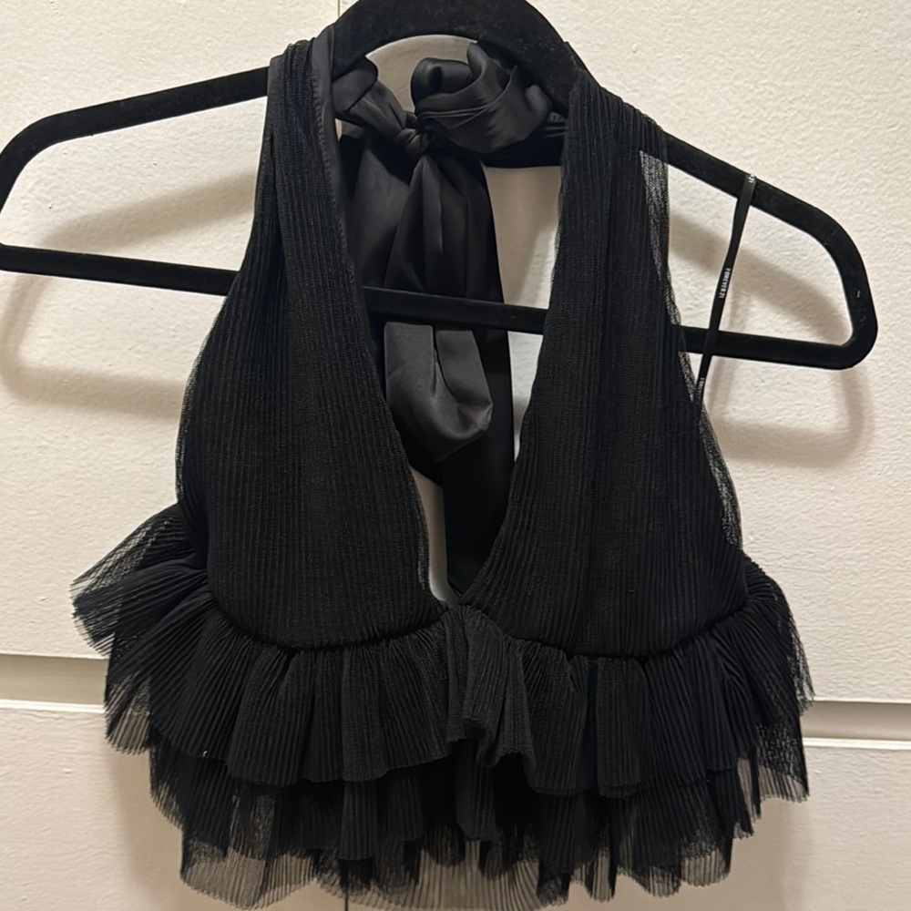Black Halter Neck Ruffled Top